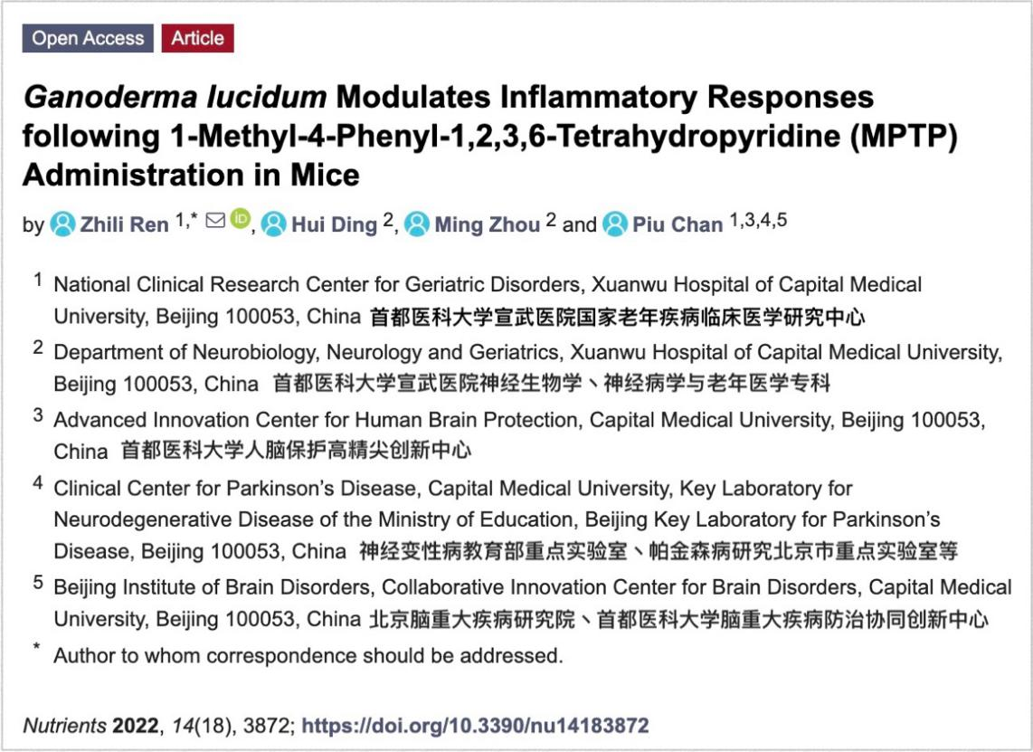 研究新知丨靈芝提取物延緩帕金森病惡化和抗炎症有關——來(lái)自(zì)首都(dōu)醫科(kē)大(dà)學宣武醫院團隊的研究成果